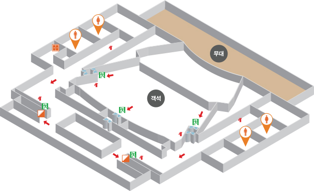 2층 비상대피도로 무대, 객석, 남자화장실(2개), 여자화장실(2개), 계단(2개), 엘리베이터(1개), 비상구(5개), 소화기(6개), 대피동선 표시