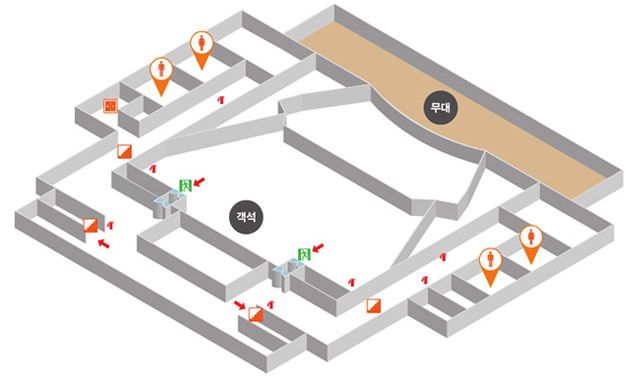 3층 비상대피도로 무대, 객석, 남자화장실(2개), 여자화장실(2개), 계단(4개), 엘리베이터(1개), 비상구(2개), 소화기(7개), 대피동선 표시