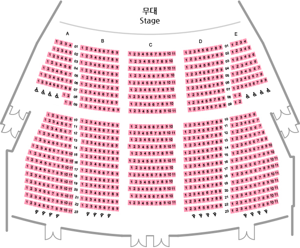 1층 좌석배치도. 무대와 좌석 배치 도면