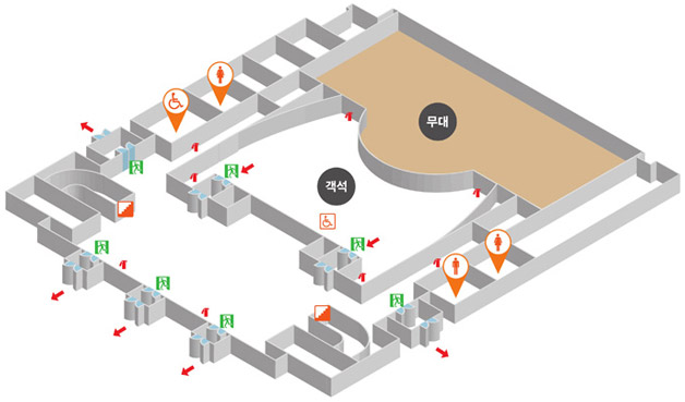 1층 비상대피도로 무대, 객석, 남자화장실(1개), 여자화장실(2개), 장애인화장실(1개), 계단(2개), 장애인석(1개), 비상구(7개), 소화기(8개), 대피동선 표시