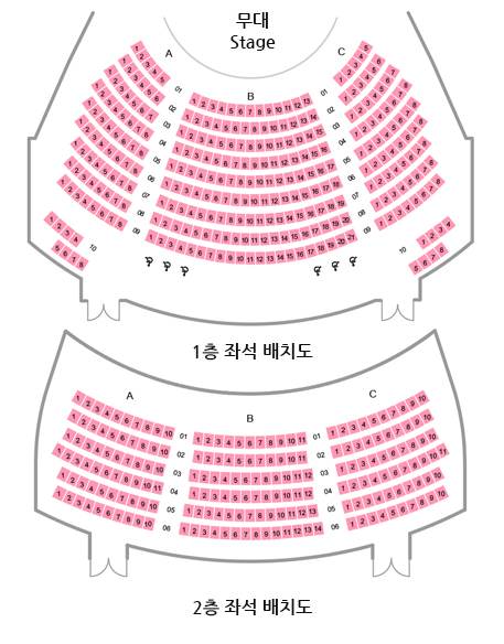 소극장 1, 2층 좌석배치도. 무대와 좌석 배치 도면