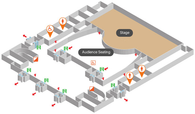 1층 비상대피도로 무대, 객석, 남자화장실(1개), 여자화장실(2개), 장애인화장실(1개), 계단(2개), 장애인석(1개), 비상구(7개), 소화기(8개), 대피동선 표시