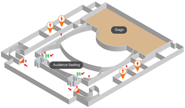 2층 비상대피도로 무대, 객석, 남자화장실(2개), 여자화장실(2개), 계단(2개), 비상구(2개), 소화기(6개), 대피동선 표시
